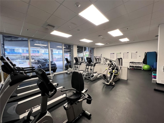 workout area with a paneled ceiling and floor to ceiling windows