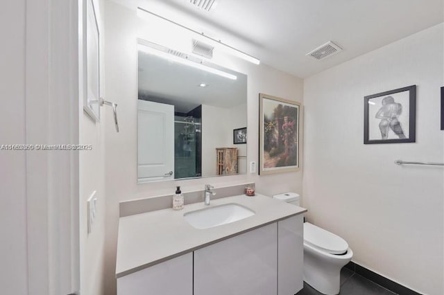 full bathroom with toilet, an enclosed shower, visible vents, and vanity