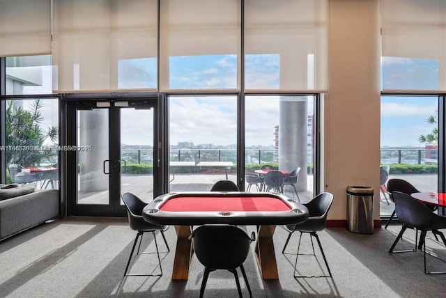 rec room with plenty of natural light, a wall of windows, and a city view