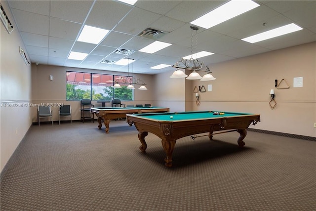 game room featuring a paneled ceiling, carpet floors, and pool table