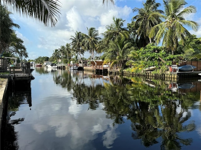 view of water feature with a boat dock