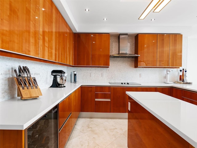 kitchen featuring wine cooler, wall chimney exhaust hood, backsplash, and black electric stovetop