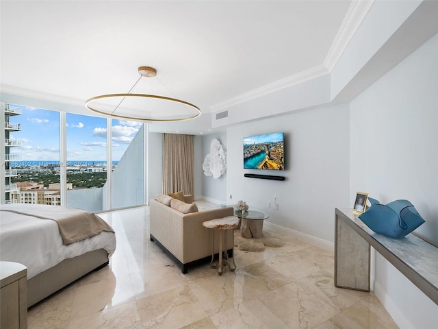 living room with crown molding