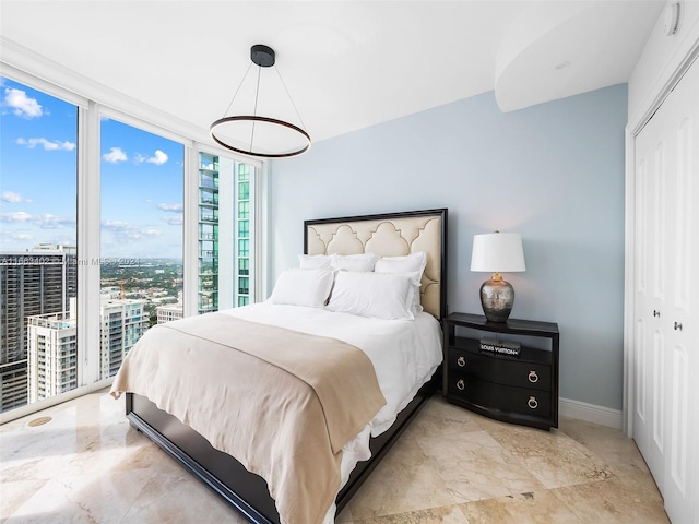 bedroom with expansive windows and a closet