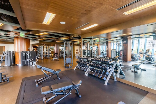 workout area featuring wood ceiling