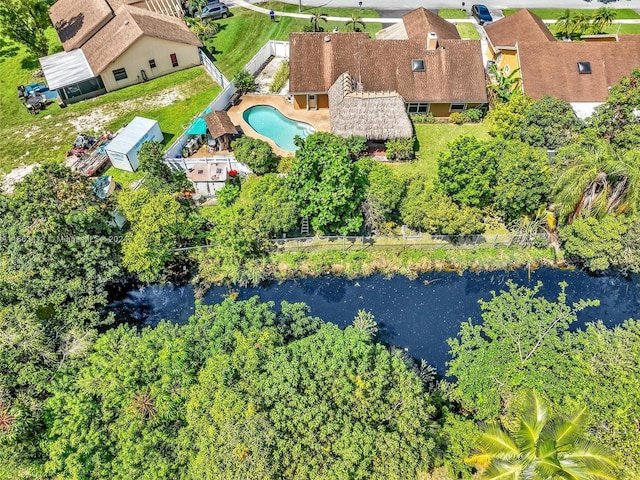 bird's eye view with a water view