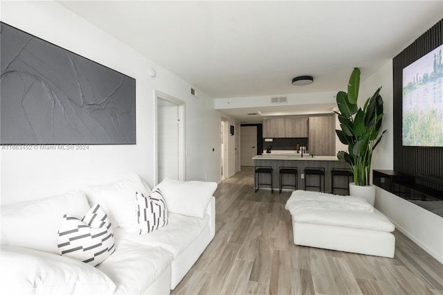 living room with light wood-type flooring and sink