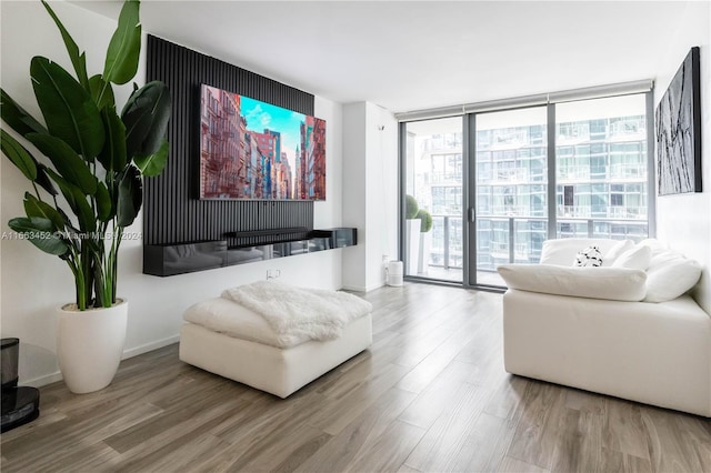 living room featuring hardwood / wood-style floors and a wall of windows