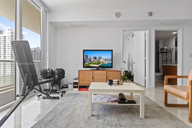 exercise area featuring expansive windows, marble finish floor, and visible vents