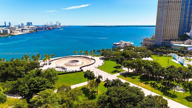 aerial view featuring a water view