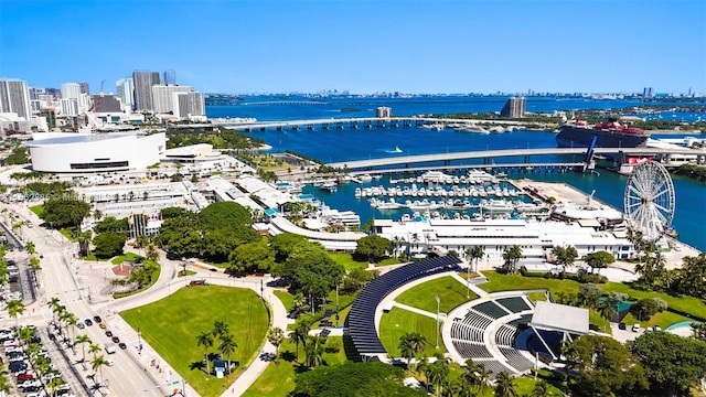 bird's eye view with a water view and a view of city