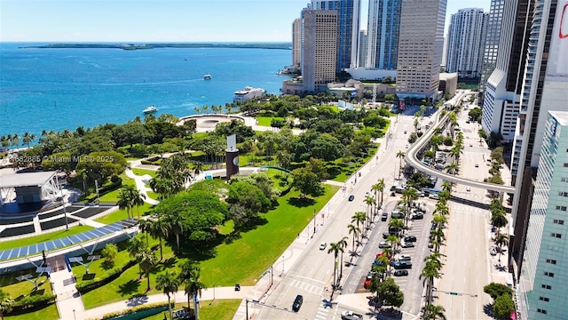 bird's eye view featuring a water view and a city view