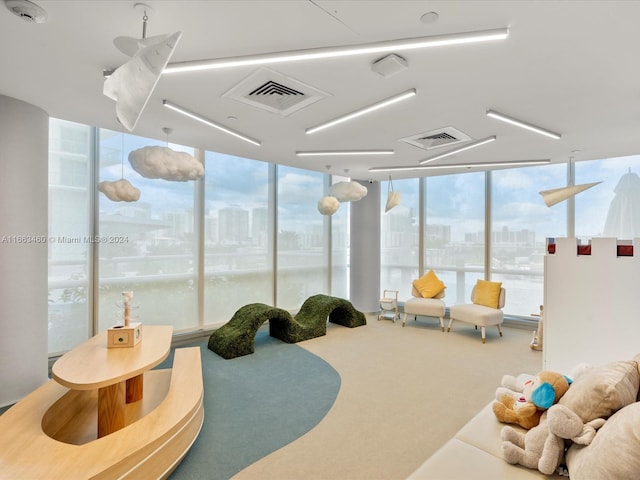 carpeted living room with floor to ceiling windows