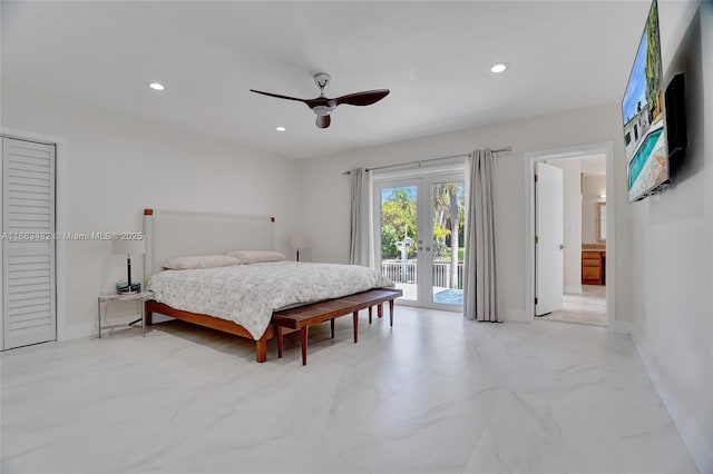 bedroom with ceiling fan, access to outside, and french doors