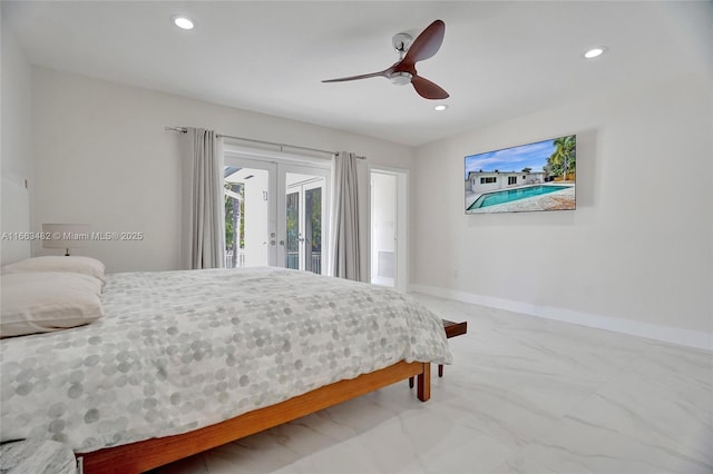 bedroom featuring access to exterior and ceiling fan