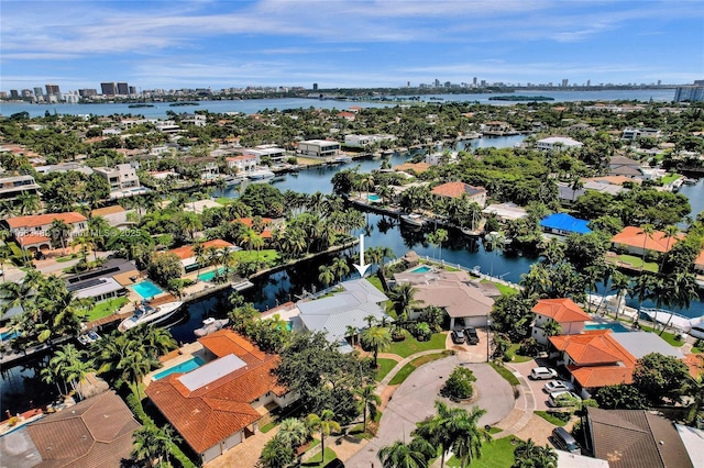 bird's eye view with a water view