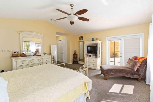 carpeted bedroom featuring vaulted ceiling, ceiling fan, and access to exterior