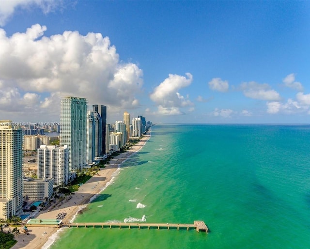 drone / aerial view with a water view and a beach view