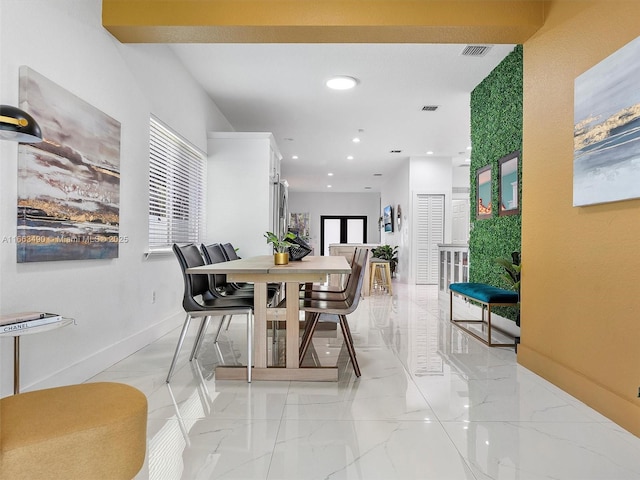 dining room featuring recessed lighting, marble finish floor, visible vents, and baseboards