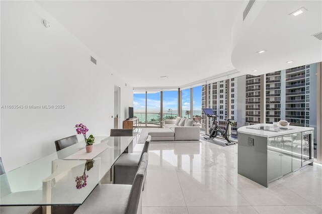 tiled dining space featuring expansive windows