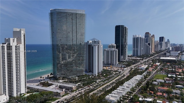 property's view of city featuring a water view and a view of the beach