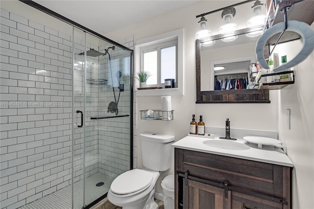 bathroom with vanity, toilet, and an enclosed shower