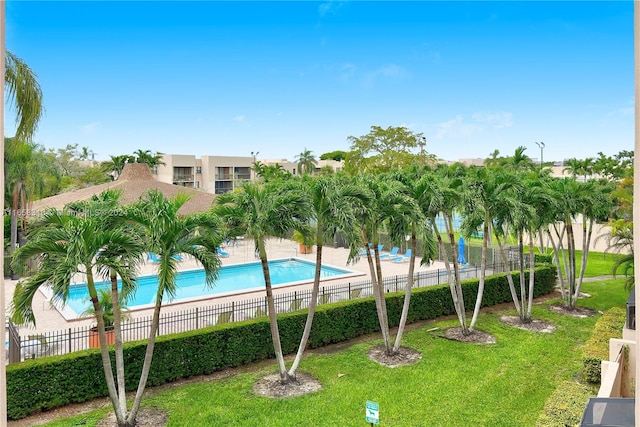 view of swimming pool with a lawn