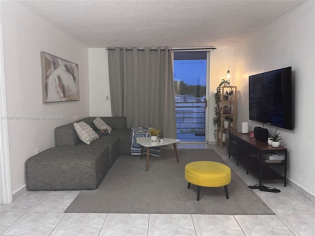 living room featuring a textured ceiling