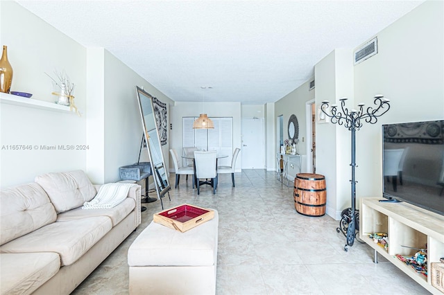 living room with a textured ceiling