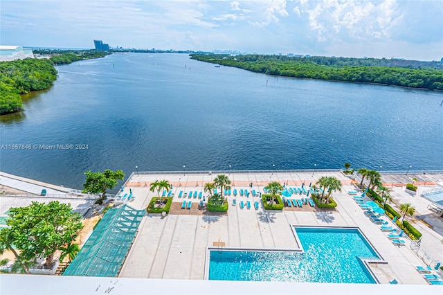 drone / aerial view with a water view