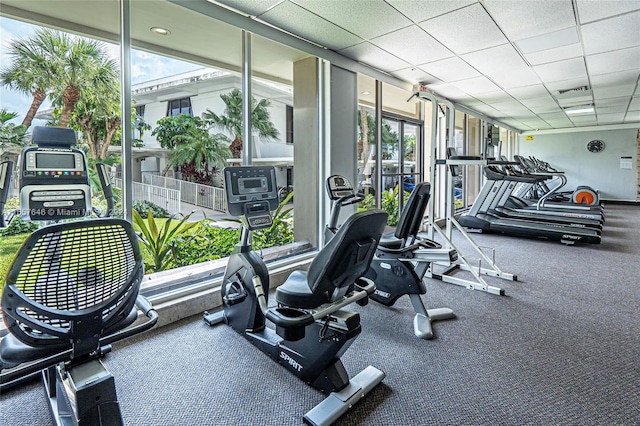 exercise room featuring a drop ceiling and a wall of windows