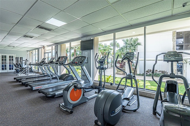 workout area featuring floor to ceiling windows and a paneled ceiling