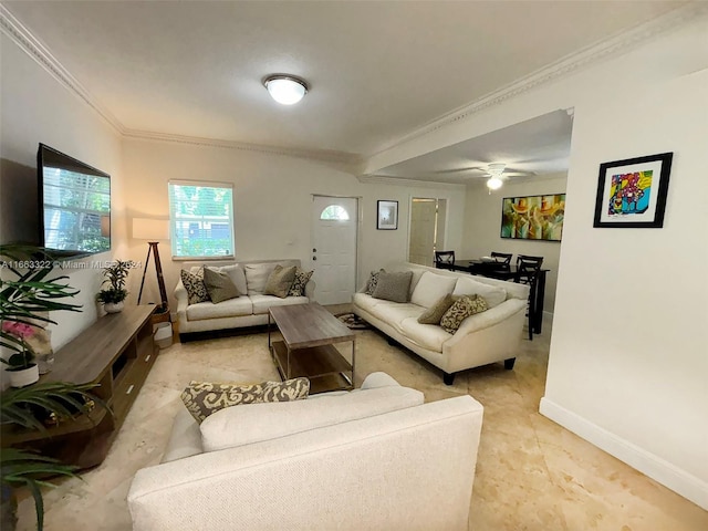 living room with ceiling fan and crown molding