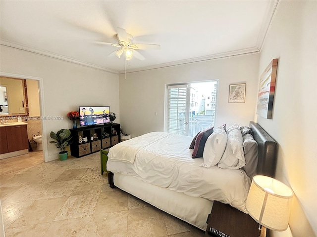 bedroom featuring access to outside, crown molding, ceiling fan, and ensuite bath