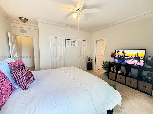 bedroom featuring ceiling fan and crown molding