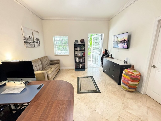 office area with ornamental molding