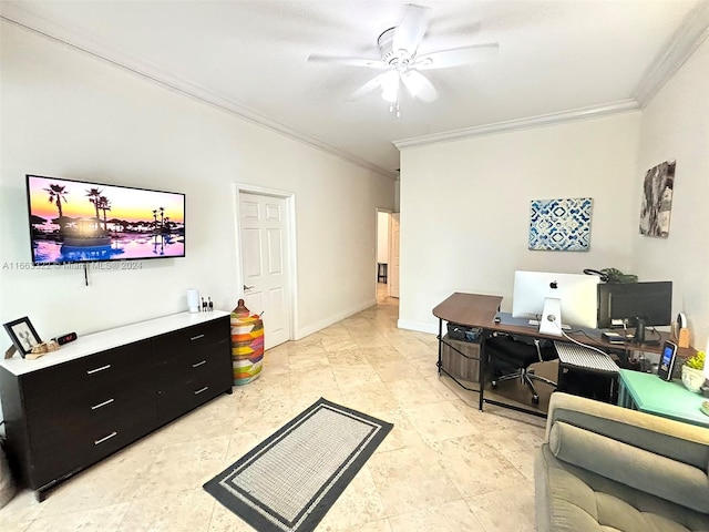 living room with ceiling fan and crown molding