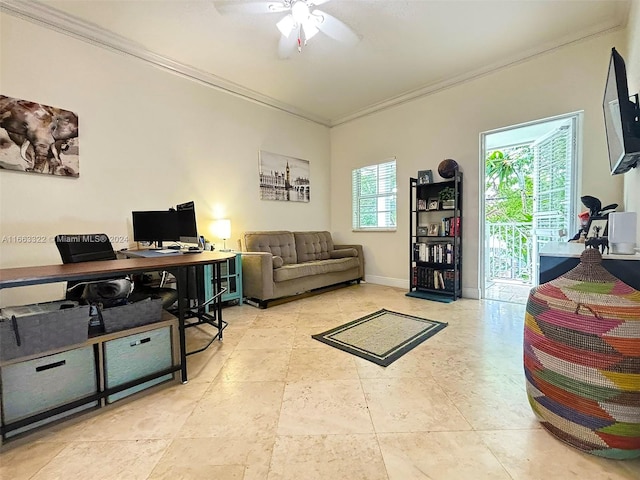 office with ceiling fan and crown molding