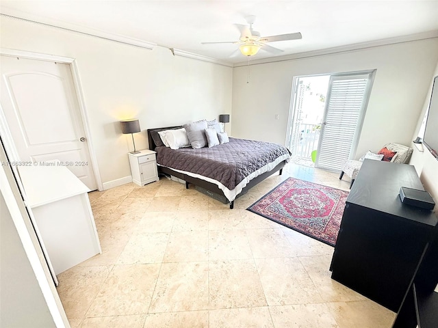 bedroom featuring access to outside, ceiling fan, and crown molding