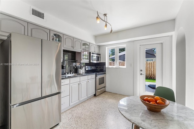 kitchen featuring appliances with stainless steel finishes, gray cabinetry, decorative backsplash, and sink