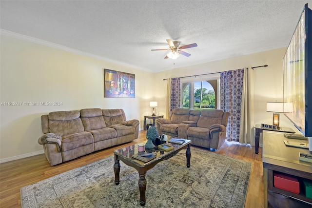 living room with ceiling fan, hardwood / wood-style flooring, and a textured ceiling