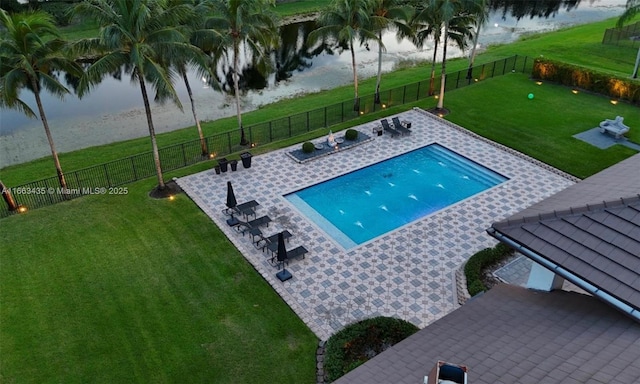 view of swimming pool featuring a gazebo, a yard, and a water view