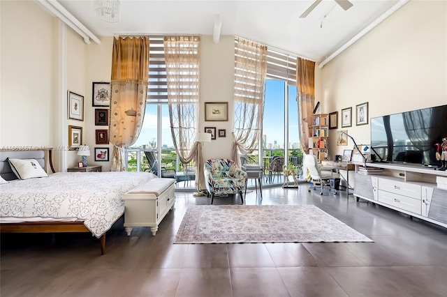 bedroom with beam ceiling, high vaulted ceiling, and ceiling fan