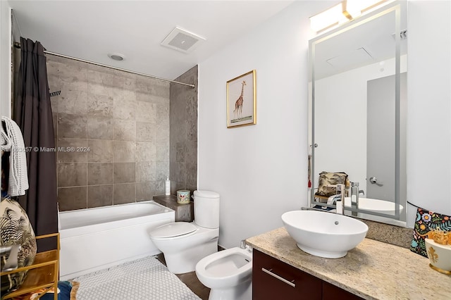 full bathroom with toilet, tile patterned floors, vanity, shower / tub combo with curtain, and a bidet