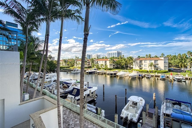 dock area with a water view