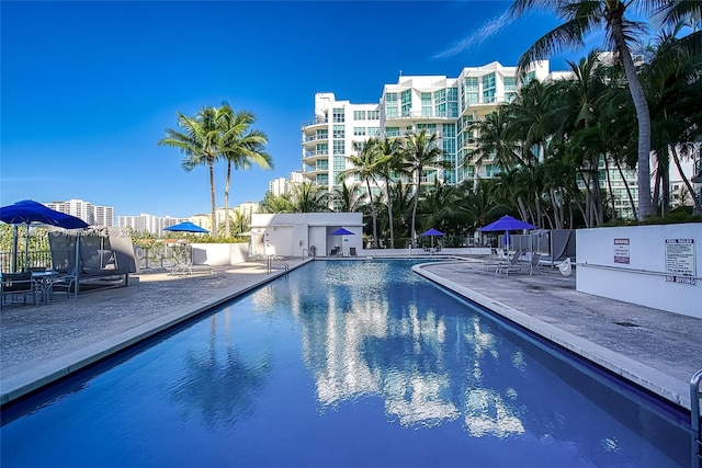 view of swimming pool featuring a patio area