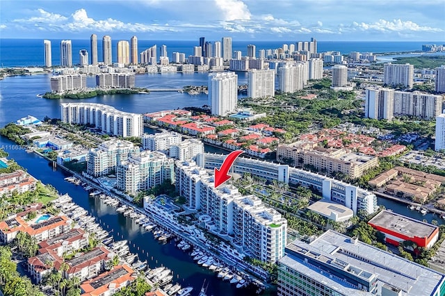 drone / aerial view featuring a water view