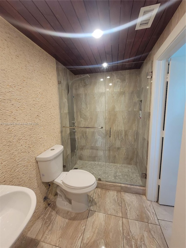 bathroom with toilet, an enclosed shower, sink, and wooden ceiling