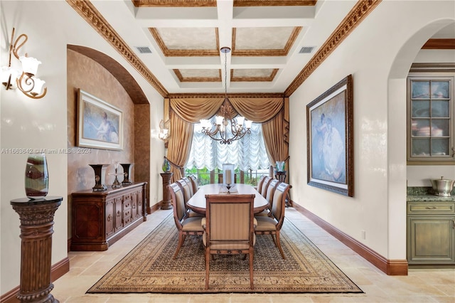 dining room with crown molding, beam ceiling, coffered ceiling, and a notable chandelier