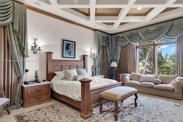 bedroom featuring coffered ceiling, beamed ceiling, and crown molding